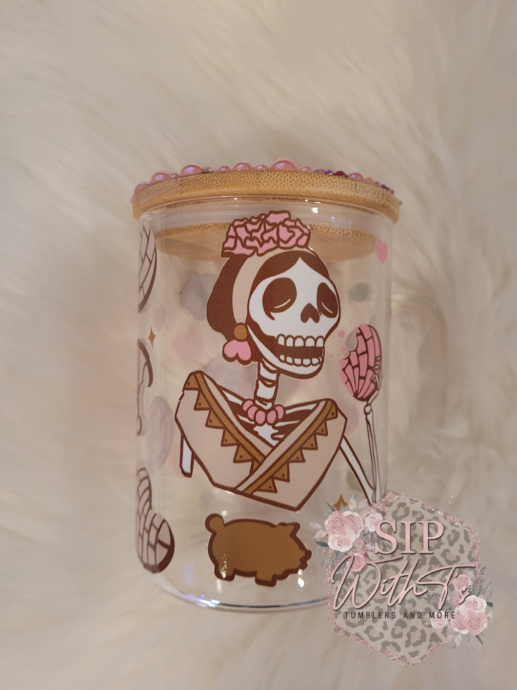 Pink Skeleton  w/Rhinestone Lid glass mug