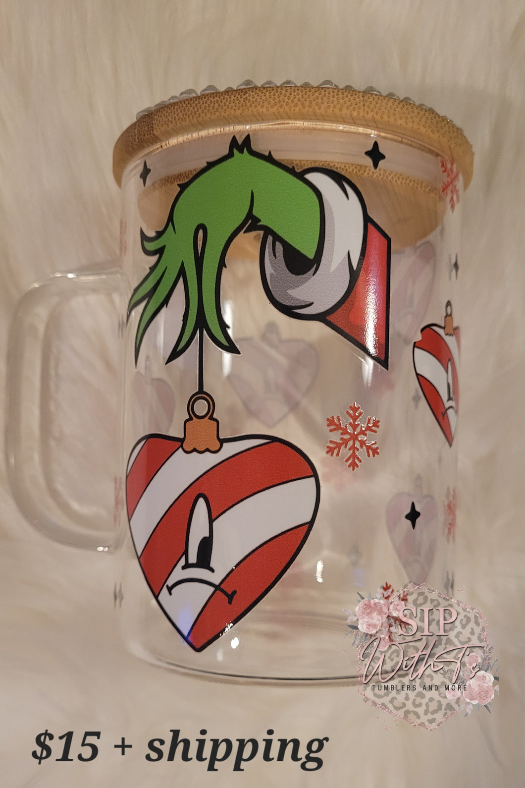 Christmas Hand glass can w/rhinestone lid